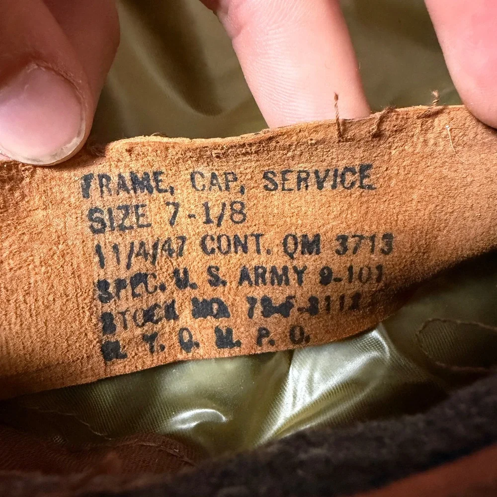 Vintage 1947 US Army Service Cap Frame Wool Olive Drab Leather Visor Size 7-1/8